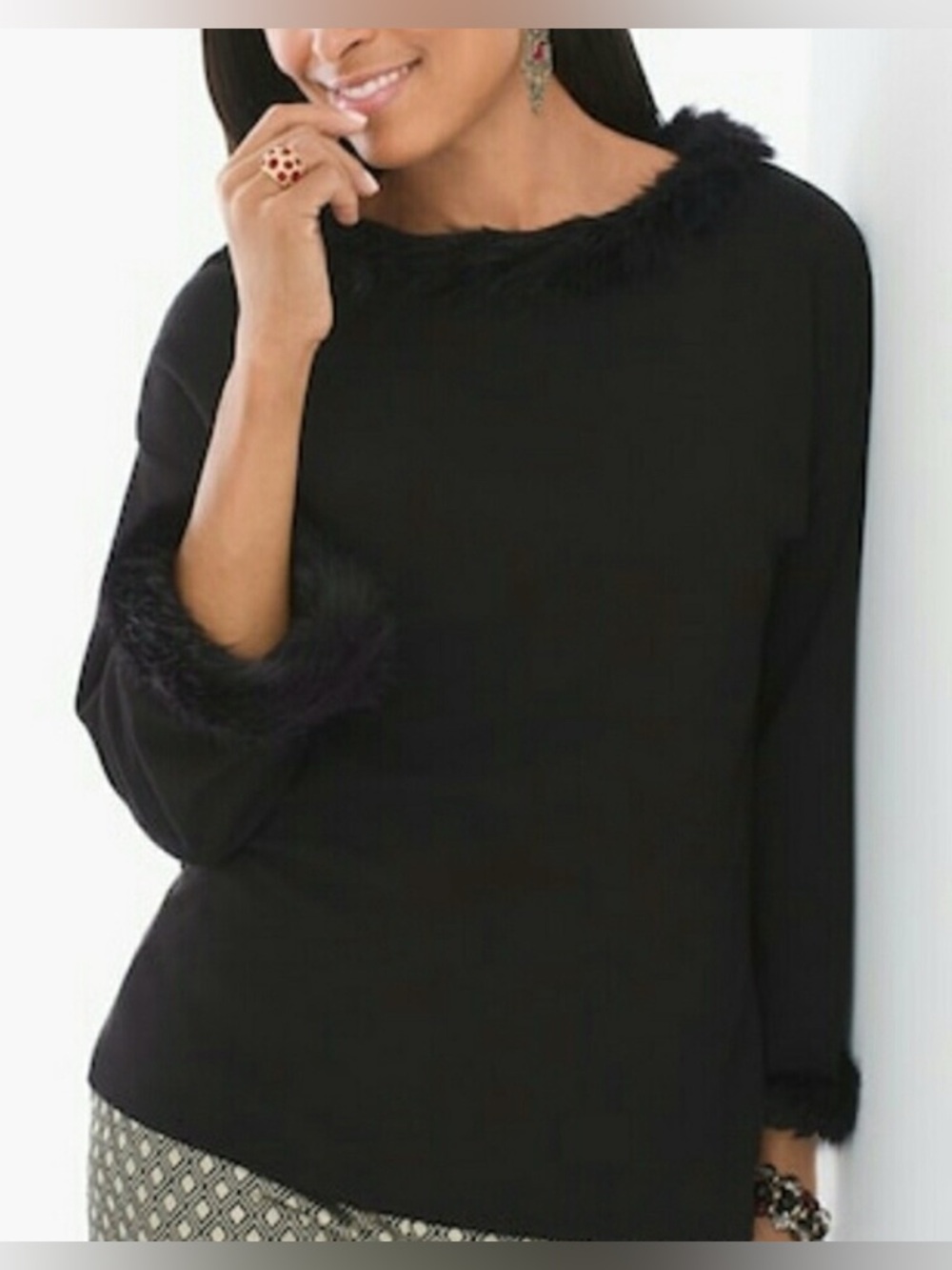 Chico’s Little Black Sweater Faux Fur 3/4 Sleeve Black Top